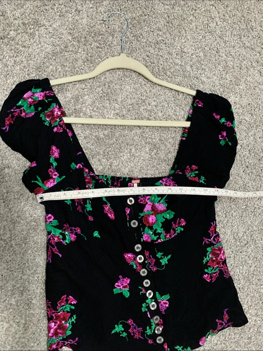 Free People Close to You Black Floral Button-Front Puff Sleeve Top